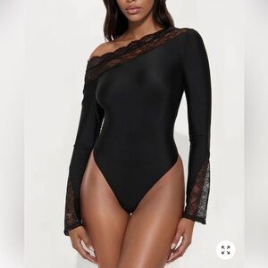 Black Lace Trim Off-Shoulder Bodysuit